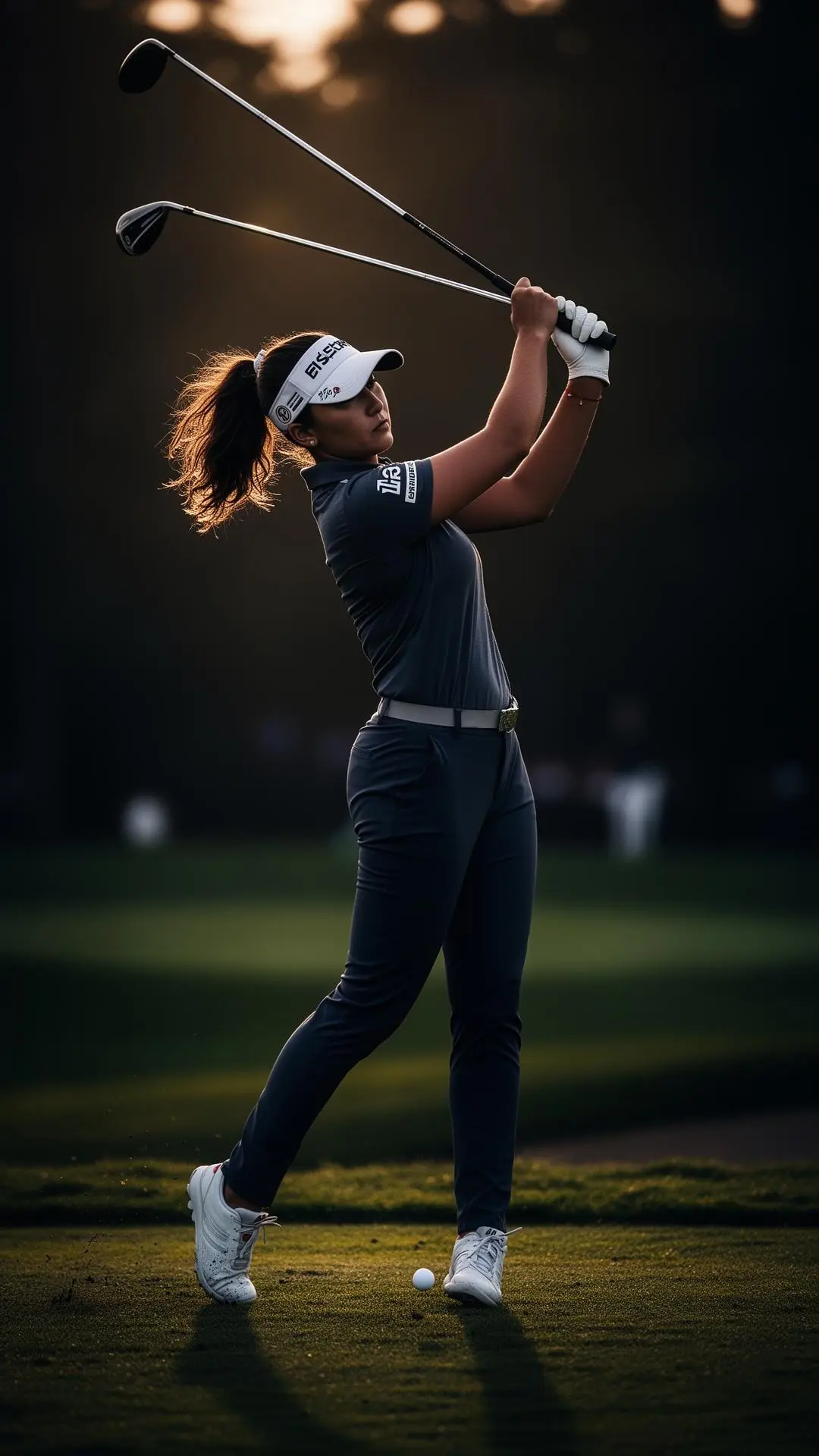 Professional golfer mid-swing on the fairway